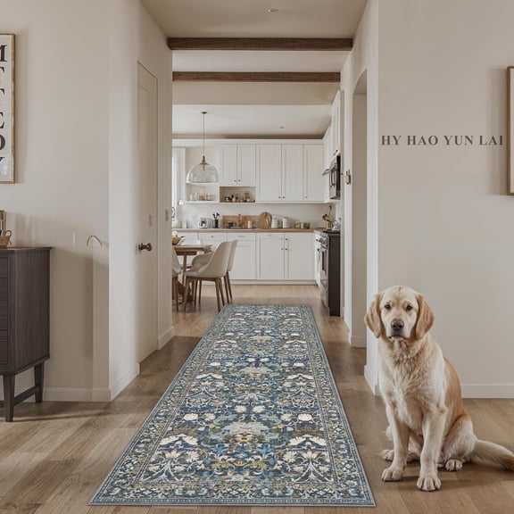 YOUFORTONG 3'x10' Washable Non Slip Runner Rug,Vintage Farmhouse Hallway Kitchen Entryway Mat for Bathroom Living Room Bedroom,Floral/Blue