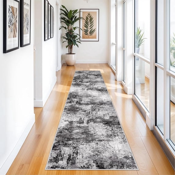 YOUFORTONG 3'x12' Washable Abstract Runner Rug,Soft Low Pile Indoor Carpet,Non Slip Backing,Stain Resistant Distressed Floor Mat for Living Room Bedroom Kitchen Hallway,Black