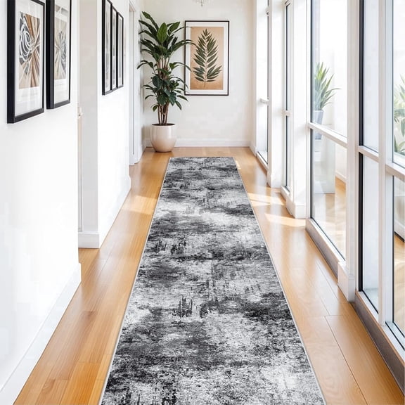 YOUFORTONG 3'x14' Washable Abstract Runner Rug,Soft Low Pile Indoor Carpet,Non Slip Backing,Stain Resistant Distressed Floor Mat for Living Room Bedroom Kitchen Hallway,Black