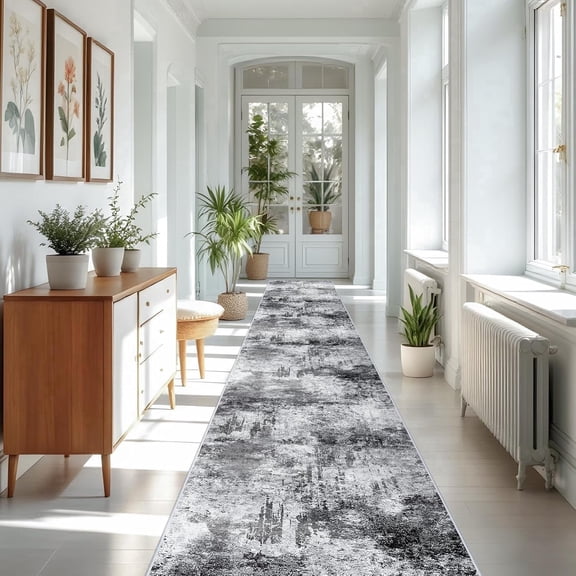 YOUFORTONG 3'x16' Washable Abstract Runner Rug,Soft Low Pile Indoor Carpet,Non Slip Backing,Stain Resistant Distressed Floor Mat for Living Room Bedroom Kitchen Hallway,Black
