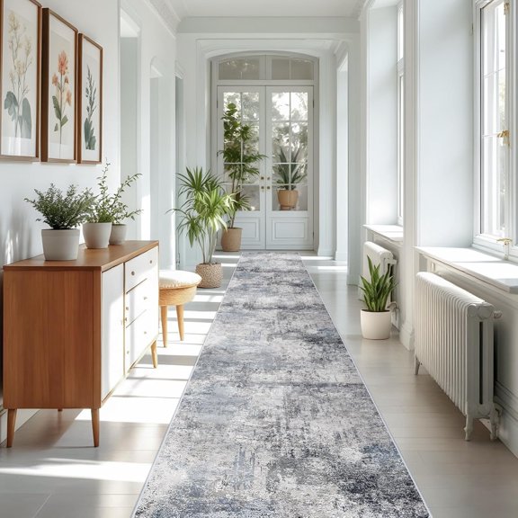 YOUFORTONG 3'x16' Washable Abstract Runner Rug,Soft Low Pile Indoor Carpet,Non Slip Backing,Stain Resistant Distressed Floor Mat for Living Room Bedroom Kitchen Hallway,Blue