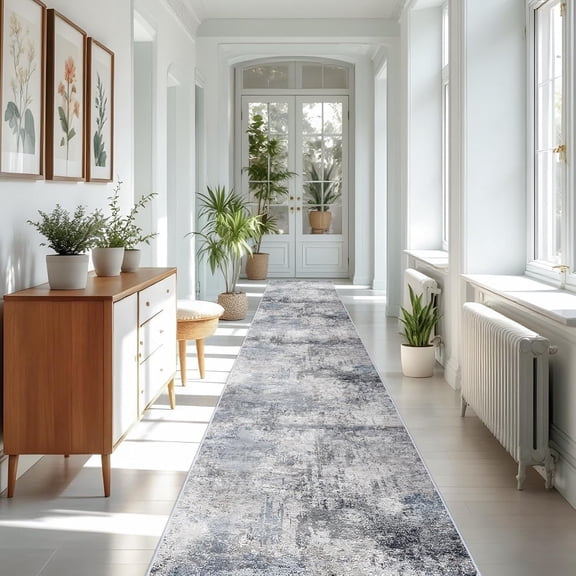 YOUFORTONG 3'x16' Washable Abstract Runner Rug,Soft Low Pile Indoor Carpet,Non Slip Backing,Stain Resistant Distressed Floor Mat for Living Room Bedroom Kitchen Hallway,Blue