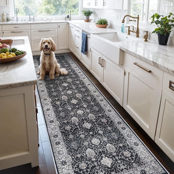 YOUFORTONG 3'x16' Washable Non Slip Runner Rug, Vintage Farmhouse Hallway Kitchen Entryway Rug for Bathroom Living Room Bedroom,Black