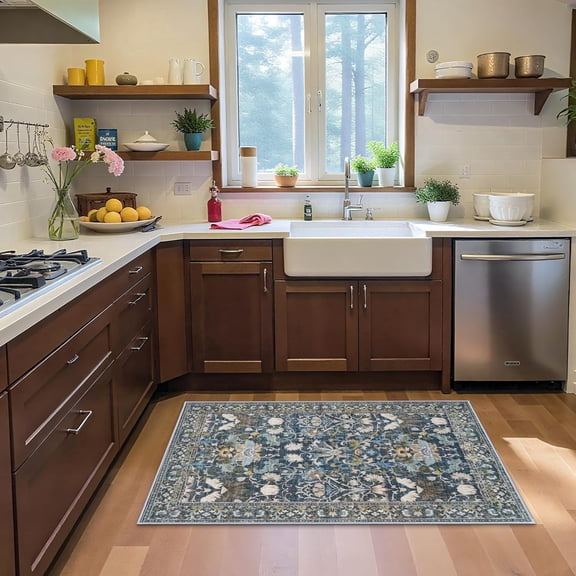 YOUFORTONG 3'x5' Vintage Washable Area Rug, Non-Slip Soft Carpet for Living Room Bedroom Kitchen, Pet Friendly Durable Easy Clean Rug,Blue