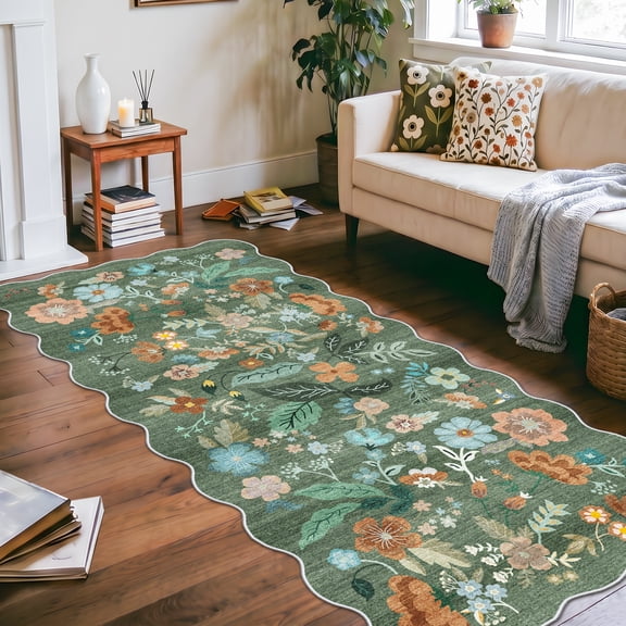 YOUFORTONG 3'x6' Floral Hallway Runner Rug,Washable Low-Pile Non Slip Carpet for Entryway Kitchen Living Room Bedroom Farmhouse Home Decor,Green