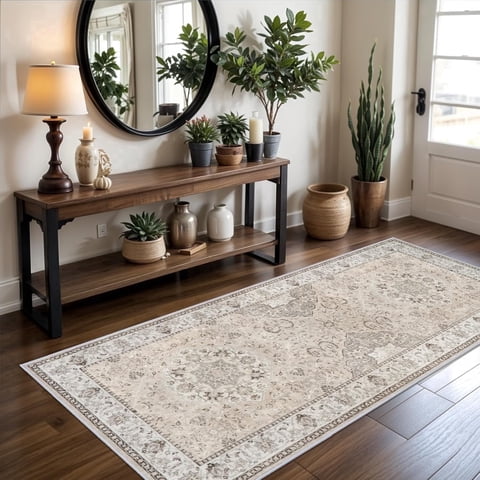 YOUFORTONG 3'x6' Washable Non Slip Runner Rug,Vintage Farmhouse Hallway Kitchen Entryway Mat for Bathroom Living Room Bedroom,Beige
