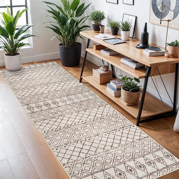 YOUFORTONG 3'x10' Moroccan Washable Hallway Runner Rug, Low Pile Non‑Slip Rubber Backing Geometric Carpet for Entryway Kitchen Living Room, Beige