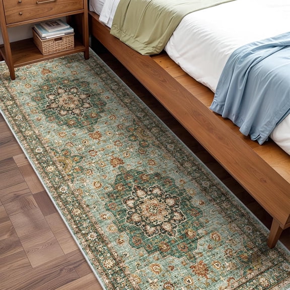 YOUFORTONG 3x10 Oriental Hallway Runner Rug Washable Soft Waterproof Stain Resistant Non-Shedding Distressed Floral Carpet,Green