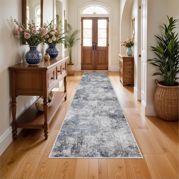 YOUFORTONG 3x12 Long Hallway Runner Rug, Ultra Soft Machine Washable Area Rug, Low Pile Vintage Distressed Carpet for Entryway Living Room Bedroom Kitchen,BLUE