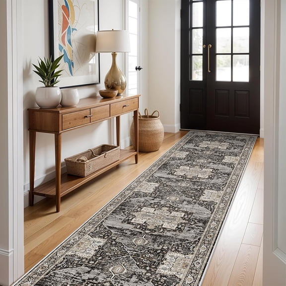 YOUFORTONG 3x14 Vintage Hallway Runner Rug, Ultra Soft Retro Washable Runner,Non-Slip Stain & Fade Resistant Carpet for Entryway Bedroom Kitchen,Black