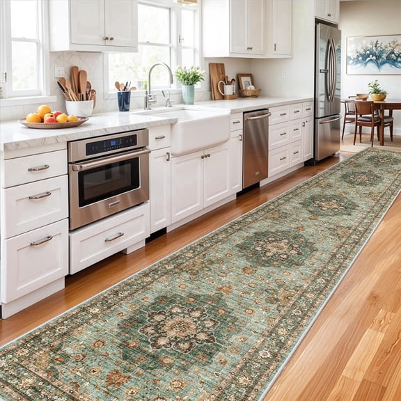 YOUFORTONG 3x16 Washable Oriental Hallway Runner Rug, Floral Distressed Soft Carpet, Waterproof Stain Resistant Non-Shedding for Indoor Kitchen Bedroom,Green