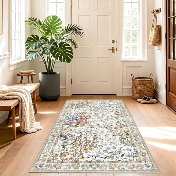 YOUFORTONG 3x5 Washable Entryway Rug Non-Slip Floral Boho Vintage Area Rug for Living Room Kitchen Bedroom Soft Thin Indoor Door Mat Carpet,Beige