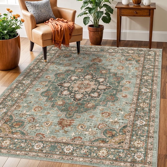 YOUFORTONG 3x5 Washable Oriental Area Rug,Stain Resistant Non-Slip Carpet for Living Room Bedroom Bathroom Entryway,Green