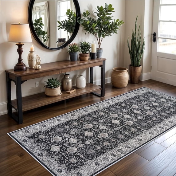 YOUFORTONG 3x6 Hallway Washable Runner Rug,Vintage Soft Non-Slip Farmhouse Rug, Indoor Carpet for Kitchen Entryway Bathroom Living Room Bedroom,Black