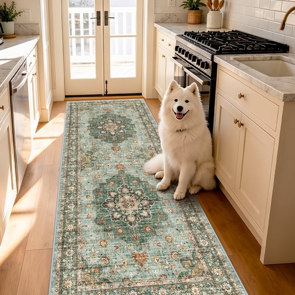 YOUFORTONG 3x8 Oriental Hallway Runner Rug Washable Waterproof Stain Resistant Soft Non-Shedding for Living Room Bedroom Kitchen,Green