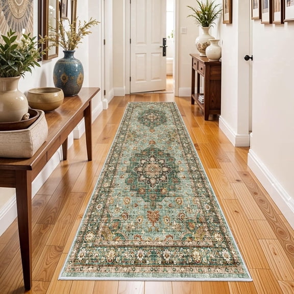 YOUFORTONG 3x8 Oriental Hallway Runner Rug Washable Waterproof Stain Resistant Soft Non-Shedding for Living Room Bedroom Kitchen,Green