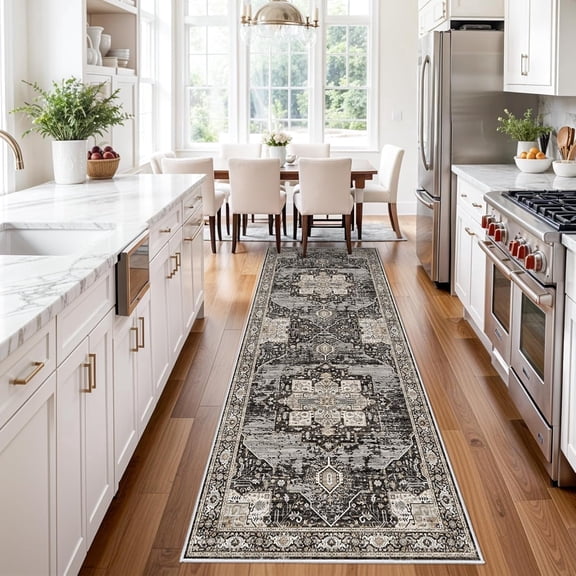 YOUFORTONG 3x8 Vintage Hallway Runner Rug,Ultra Soft Retro Washable Floor Mat,Non-Slip Stain & Fade Resistant Carpet for Entryway Bedroom Kitchen,Black