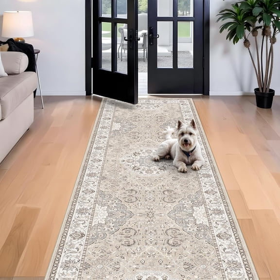 YOUFORTONG 4'x10' Wide Washable Runner Rug, Non Slip Oriental Low Pile Area Rug for Hallway Entryway Kitchen Bathroom Living Room Bedroom Dining Room,Beige