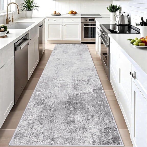 YOUFORTONG 4'x12' Washable Abstract Runner Rug, Soft Low Pile Indoor Carpet, Non Slip Backing,Stain Resistant Distressed Floor Mat for Living Room Bedroom Kitchen Hallway,Grey