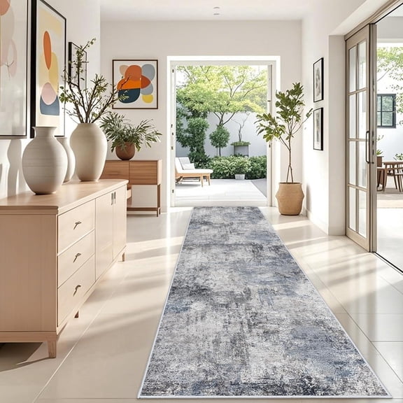 YOUFORTONG 4'x12' Washable Abstract Runner Rug, Soft Low Pile Indoor Carpet, Non Slip Backing,Stain Resistant Distressed Floor Mat for Living Room Bedroom Kitchen Hallway,Blue