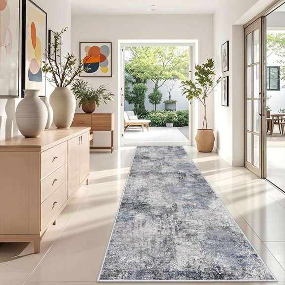 YOUFORTONG 4'x12' Washable Abstract Runner Rug, Soft Low Pile Indoor Carpet, Non Slip Backing,Stain Resistant Distressed Floor Mat for Living Room Bedroom Kitchen Hallway,Blue