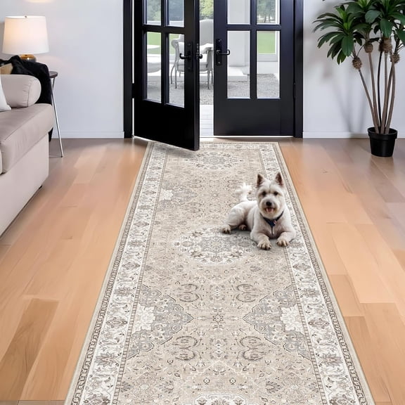 YOUFORTONG 4'x12' Wide Washable Runner Rug, Non Slip Oriental Low Pile Area Rug for Hallway Entryway Kitchen Bathroom Living Room Bedroom Dining Room,Beige