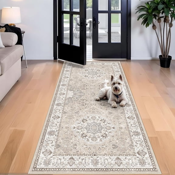 YOUFORTONG 4'x8' Wide Washable Runner Rug, Non Slip Oriental Low Pile Area Rug for Hallway Entryway Kitchen Bathroom Living Room Bedroom Dining Room,Beige