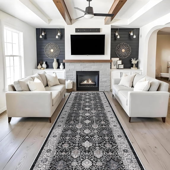 YOUFORTONG 4x12 Wide Hallway Washable Runner Rug,Vintage Soft Non-Slip Farmhouse Rug, Indoor Carpet for Kitchen Entryway Bathroom Living Room Bedroom,Black