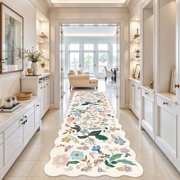 YOUFORTONG 4x12 Wide Washable Hallway Runner Rug,Floral Scalloped Non Slip Water Resistant for Entryway Kitchen,Cream