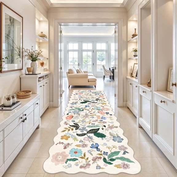 YOUFORTONG 4x12 Wide Washable Hallway Runner Rug,Floral Scalloped Non Slip Water Resistant for Entryway Kitchen,Cream