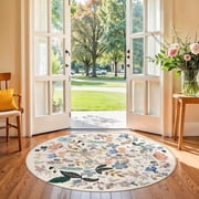 YOUFORTONG 4x4 Washable Floral Round Rug,Non-Slip Stain Resistant Ultra Soft Carpet for Bedroom Living Room Dorms Teen Girls Boys,Cream
