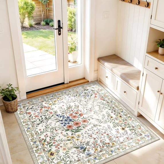 YOUFORTONG 4x4 Washable Floral Square Area Rug, Neutral Low Pile Non-Slip Carpet, Water Resistant Soft Floor Mat for Living Room Bedroom Kitchen Entryway,Beige