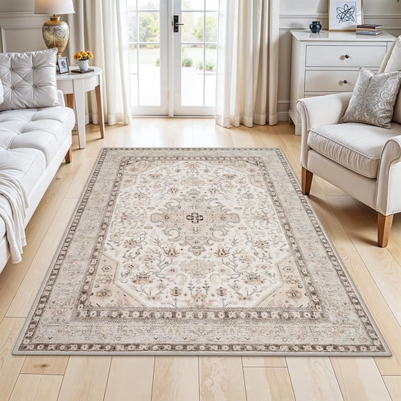 YOUFORTONG 4x5 Washable Entryway Area Rug, Non-Slip Oriental Farmhouse Low Pile Stain Resistant Thin Front Door Mat for Bathroom Kitchen,Ivory