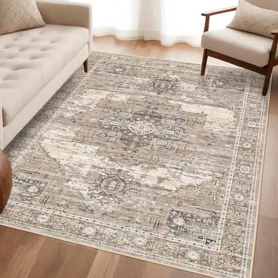 YOUFORTONG 4x6 Vintage Washable Area Rug,Soft Stain Resistant Carpet with Non Slip Backing for Living Room Bedroom Kitchen Entryway,Beige