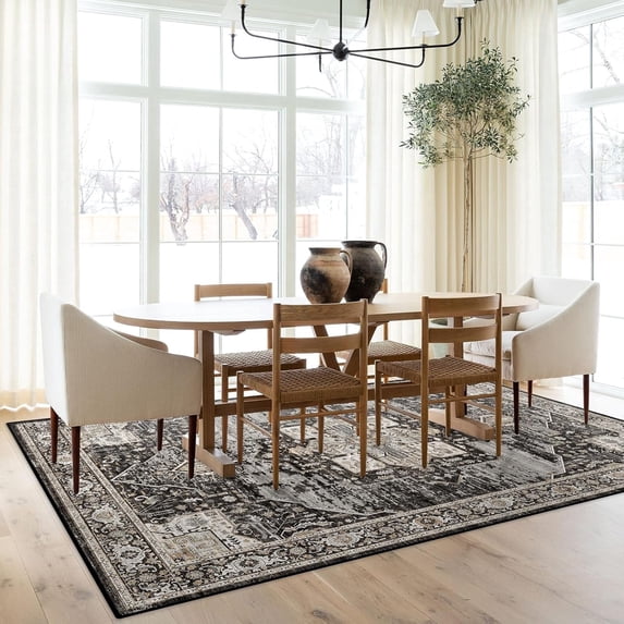 YOUFORTONG 4x6 Vintage Washable Area Rug,Soft Stain Resistant Carpet with Non Slip Backing for Living Room Bedroom Kitchen Entryway,Black