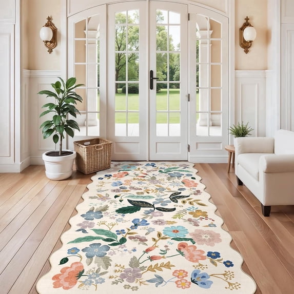 YOUFORTONG 4x8 Washable Runner Rug,Non Slip Scalloped Floral Farmhouse Rug,Soft Low Pile Stain Resistant Carpet for Hallway Entryway Kitchen Bathroom Bedroom Pet Friendly,Cream