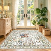 YOUFORTONG 5x5 Washable Square Area Rug, Floral Oriental Non-Slip Carpet, Stain & Water Resistant Lightweight Floor Mat for Living Room Bedroom Kitchen Entryway