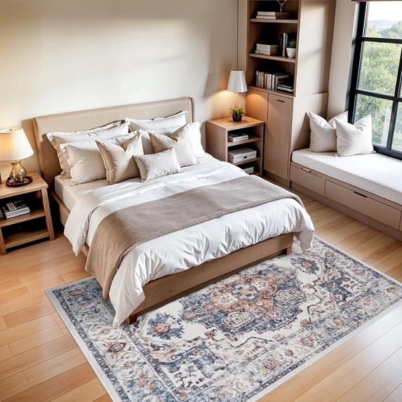 YOUFORTONG 5x7 Vintage Washable Area Rug, Non-Slip Stain Resistant Ultra Soft Indoor Carpet for Living Room Bedroom Farmhouse,Thin Floor Mat,Brick ﻿