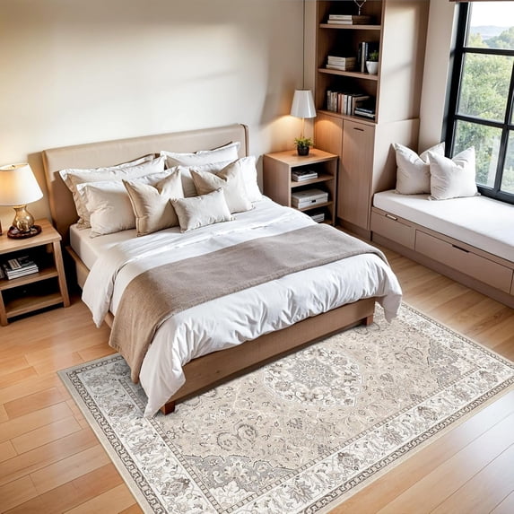 YOUFORTONG 5x7 Washable Vintage Area Rug,Non-Slip Stain Resistant Ultra Soft Indoor Carpet for Living Room Bedroom Dining Room Nursery Kitchen Farmhouse Home Office Thin Floor Mat,Beige