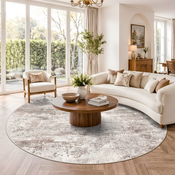 YOUFORTONG 6ft Round Abstract Area Rug, Machine Washable Non-Slip Indoor Rug, Stain Resistant Distressed Carpet for Living Room Bedroom Kitchen Entryway,Brown