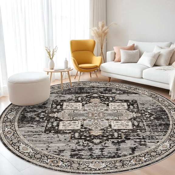 YOUFORTONG 6ft Round Area Rug, Vintage Ultra Soft Non-Slip Indoor Carpet, Stain Resistant Circle Rug for Living Room Bedroom Kitchen Dining Room,Black ﻿