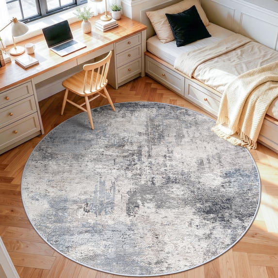 YOUFORTONG 6ft Round Washable Abstract Area Rug, Modern Low Pile Carpet, Soft Non-Slip Stain Resistant Indoor Mat for Living Room Bedroom Dining Room,Blue