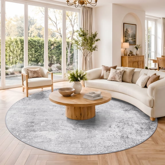 YOUFORTONG 6ft Round Washable Abstract Area Rug, Modern Low Pile Carpet, Soft Non-Slip Stain Resistant Indoor Mat for Living Room Bedroom Dining Room,Grey