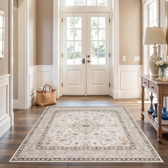 YOUFORTONG 6x6 Square Living Room Area Rug, Washable Soft Distressed Oriental Non-Slip Farmhouse Low Pile Thin Stain Resistant Indoor Carpet,Ivory