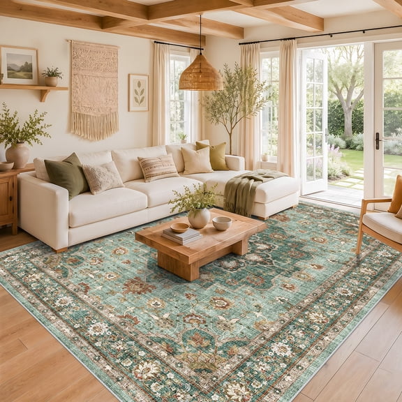 YOUFORTONG 7x9 Washable Oriental Area Rug Distressed Floral Soft Carpet for Living Room Bedroom Waterproof Stain Resistant Non-Shedding,Green
