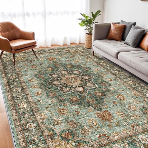 YOUFORTONG 7x9 Washable Oriental Area Rug Distressed Floral Soft Carpet for Living Room Bedroom Waterproof Stain Resistant Non-Shedding,Green