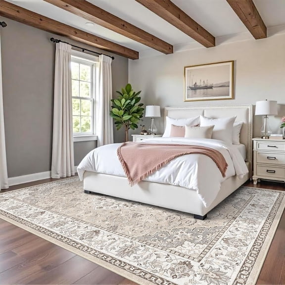 YOUFORTONG 8x10 Oriental Washable Living Room Rug, Medallion Farmhouse Non-Slip Stain Resistant Ultra Soft Carpet for Bedroom Dining Room Nursery, Beige