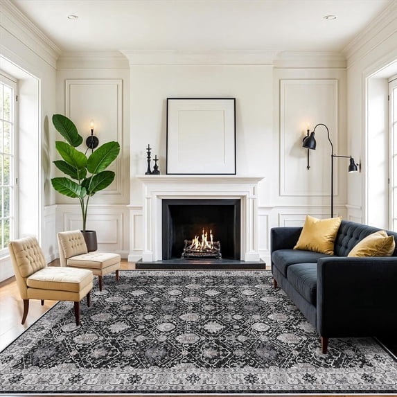 YOUFORTONG 8x10 Vintage Washable Area Rug, Large Non-Slip Low-Pile Carpet,Soft Stain Resistant Rug for Living Room Bedroom Dining Room Farmhouse,Black