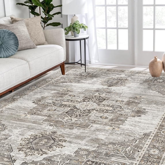 YOUFORTONG 8x10 Washable Area Rug, Large Vintage Indoor Carpet for Living Room Bedroom, Non Slip Backing Stain Resistant Soft Floor Mat, Home Decor Accent Rug,Grey