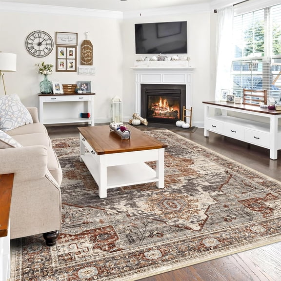 YOUFORTONG 8x10 Washable Area Rug, Large Vintage Indoor Carpet for Living Room Bedroom, Non Slip Backing Stain Resistant Soft Floor Mat, Home Decor Accent Rug,Brick